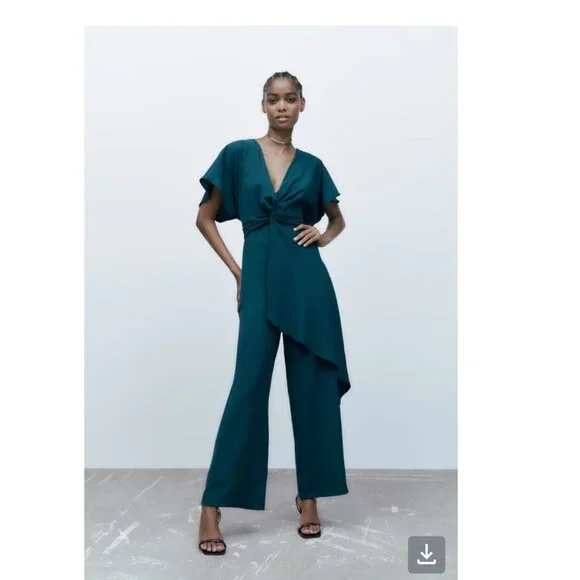 Zara | Pants & Jumpsuits | Zara Knotted Front Jumpsuit Green Size Small |  Poshmark